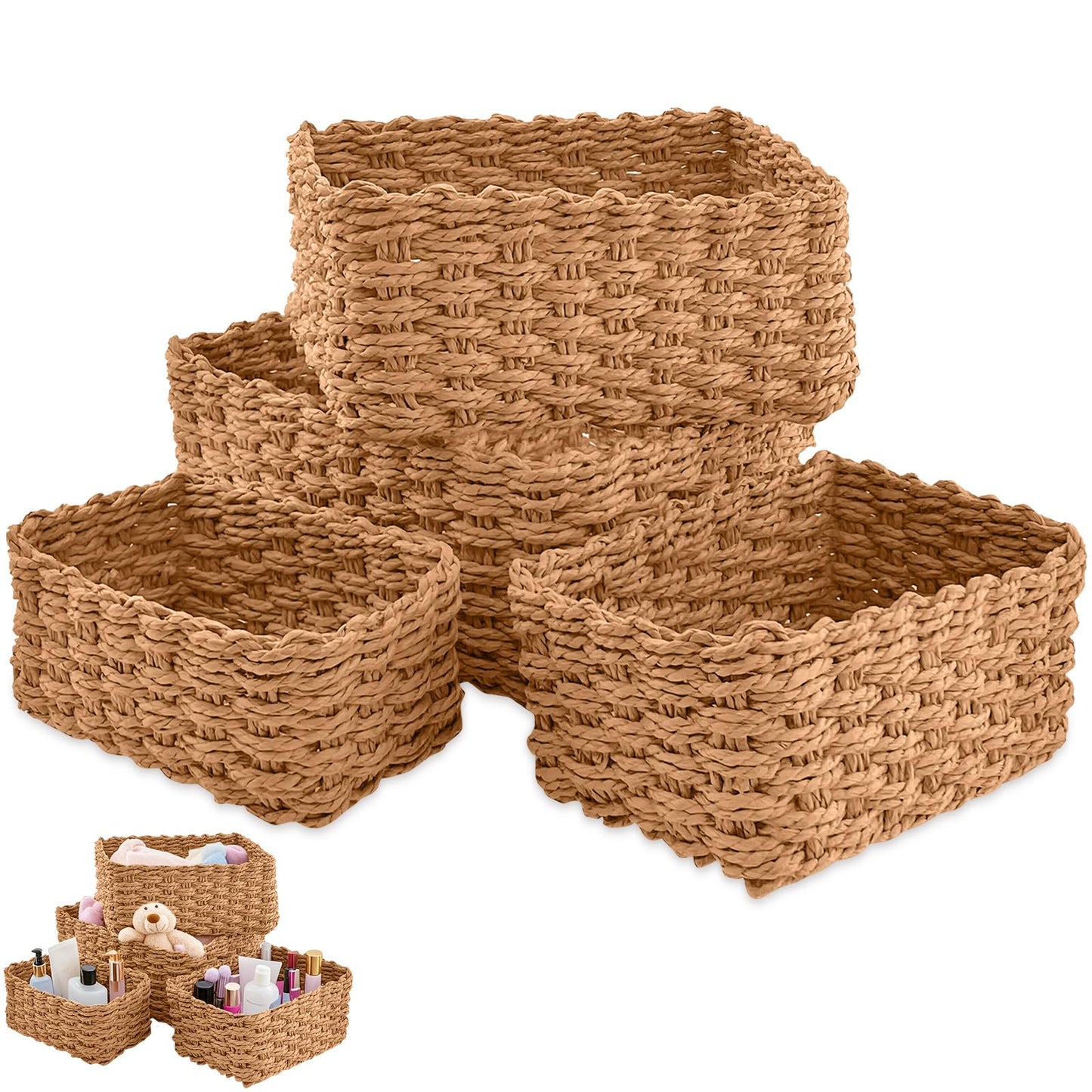 4 Pcs Wicker Storage Baskets, Multifunctional Small Gift Hampers, Woven Paper Rope Cubes Boxes, Desktop Handmade Basket