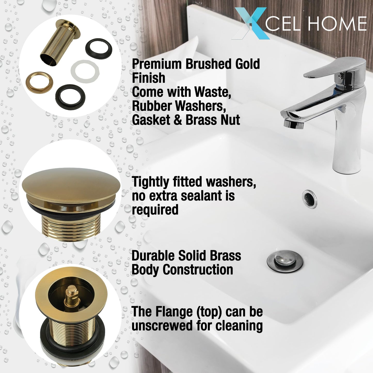 Xcel Home Brushed Gold Unslotted Click Clack Basin Waste | DIY Replacement Round Dome Shaped Brass Pop-Up Sink Plug for Bathroom Sinks & Basins