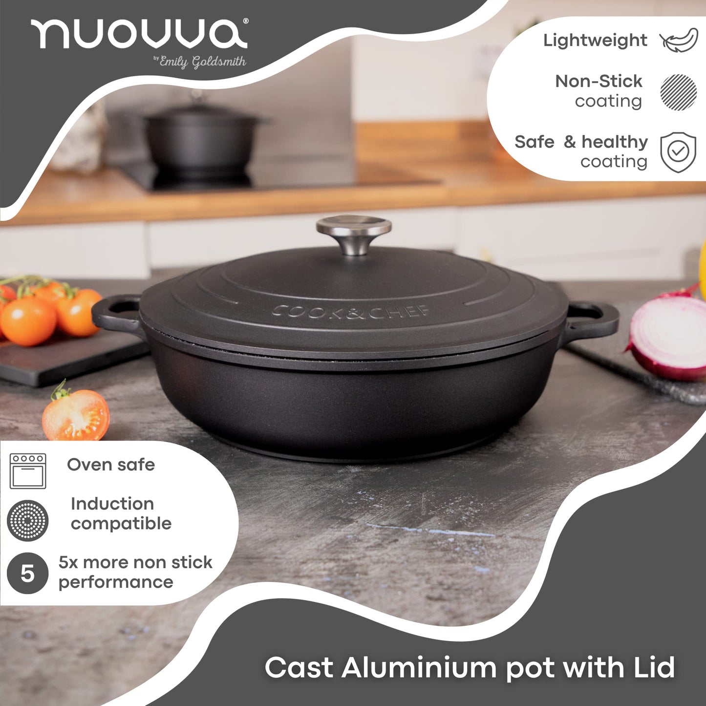 Non-Stick Aluminium Pot with Lid  Sturdy Shallow Dutch Oven  Casserole Pot with Ergonomic Handles  3.9L, 28cm Oven Safe Cooking Pot  by Nuovva