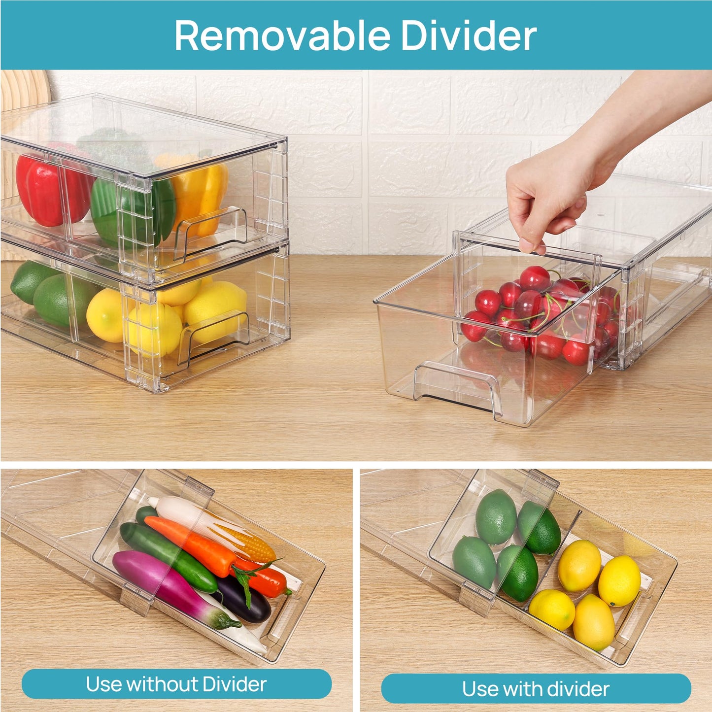 Vtopmart 4 Pack Stackable Storage Drawers,Clear Acrylic Drawer Organizers with Handles, Easily Assemble Containers for Fridge, Bathroom,Kitchen
