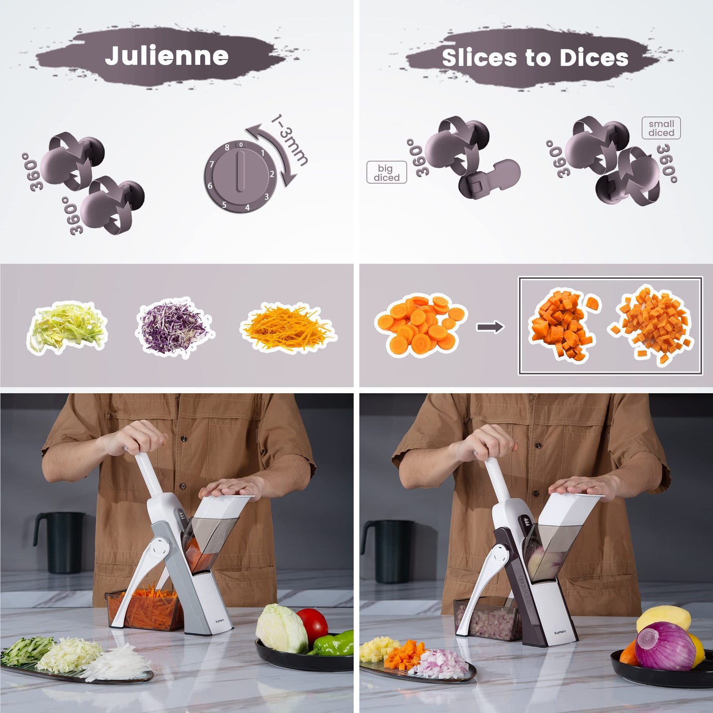 SUPMAKIN Safest Mandoline Vegetable Slicer/Chopper, Potato Chip Cutter, Multifunctional Veg Chopper with 4 Cutting Modes to Slice, Dice, Chop,