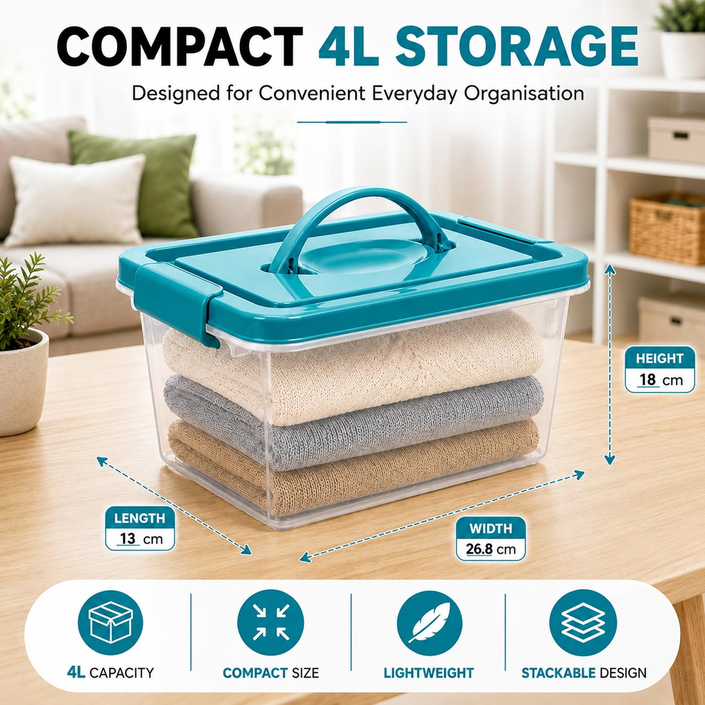 4L Storage Box with Secure Lid & Carry Handle | Stackable Clear Container