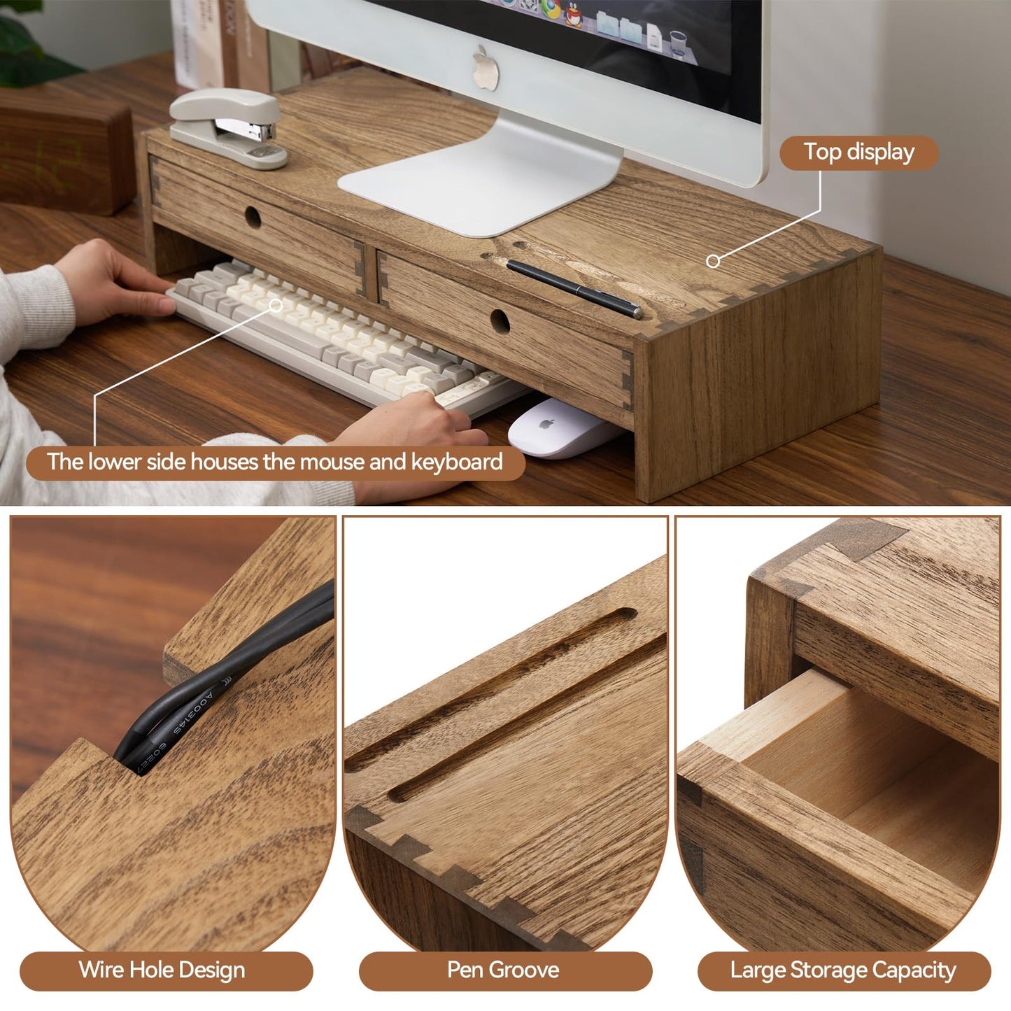 KIRIGEN Wood Monitor Stand with 2 Drawers Computer Arm Riser Desk Storage Organizer, TV Laptop Printer Stand,2-Tier Desktop Shelf Dark Brown