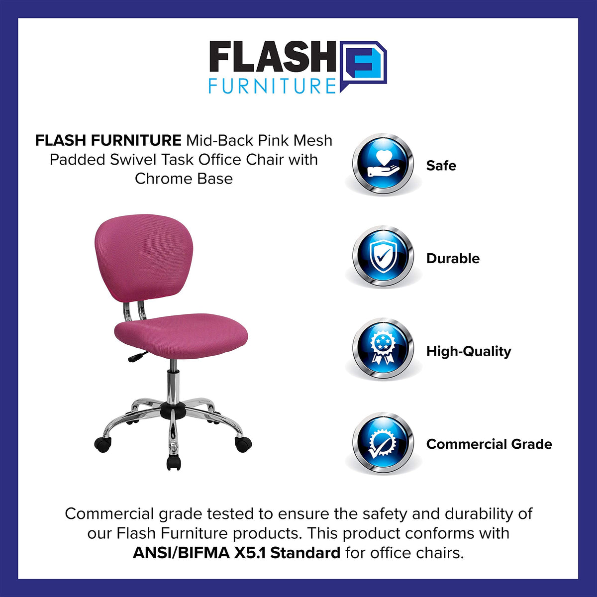Flash Furniture Mid-Back Mesh Swivel Task Chair with Chrome Base, Metal, Pink, 58.42 x 55.88 x 25.4 cm