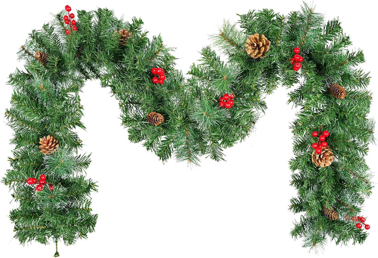 9FT/2.7m Christmas Garland, Uten Fireplace Garland Christmas, Green Christmas Garland with Pine Needles, Pine Cones Red Berries Artificial Wreath