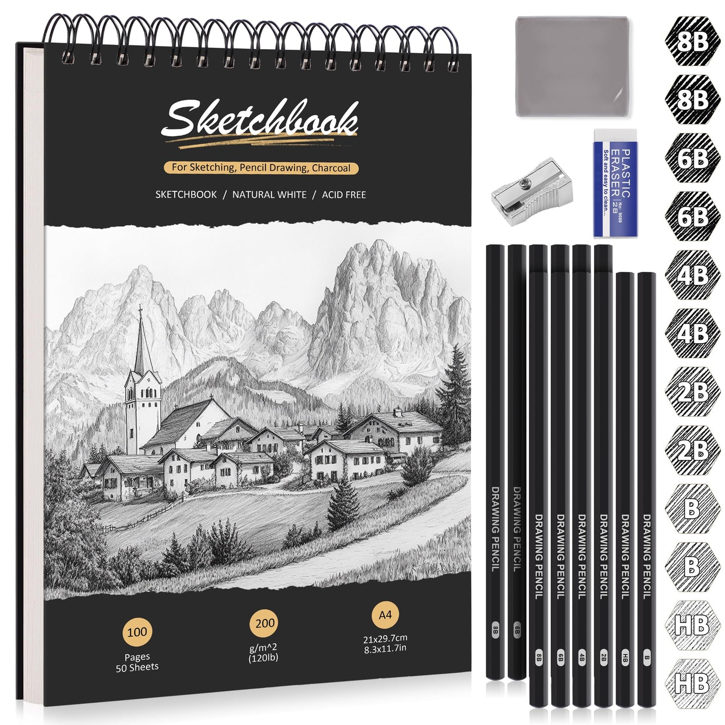 DazSpirit A4 Sketchbook, Hardcover Sketch Book with 200g/m? Thick Paper, 12 Sketch Pencils & Erasers, Spiral-Bound Sketch Pad, 50 Sheets/100 Pages