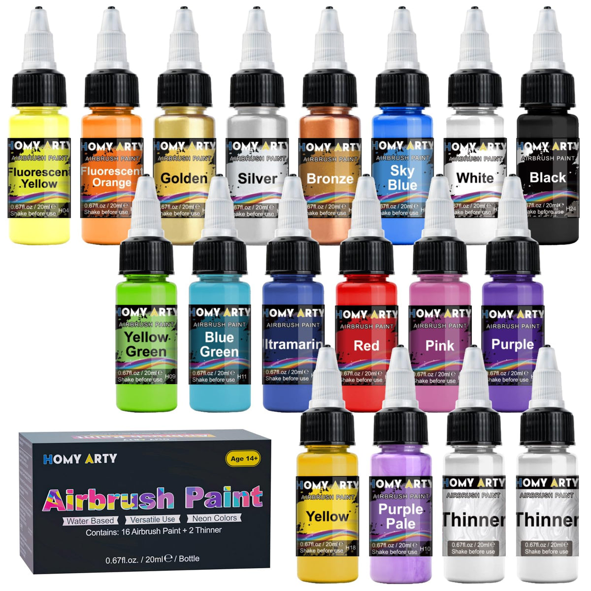 HOMY ARTY Airbrush Paint - 16 Colors with 2 Thinner, Water-Based Airbrush Paint Set, Ready to Spray Acrylic Air Brush Paints for Metal, Plastic