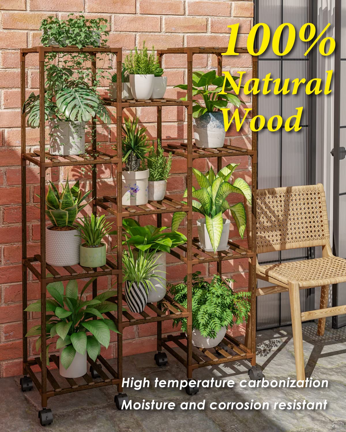 Bamworld Plant Stand With Wheels Indoor Outdoor Wood Plants Shelf for Multiple Plants 11 Pots Tall Large Flower Holder for Living Room Patio Balcony