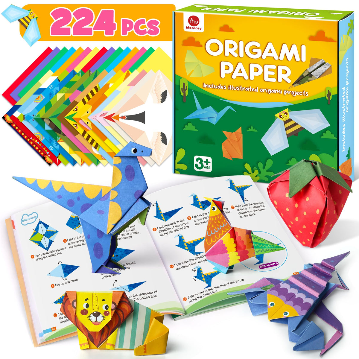 Mocoosy 224 Sheets Origami Kit for Kids 6-12, 72 Patterns Double-Sided Origami Paper with Video & Origami Book, DIY Art and Craft Kits for Kids,