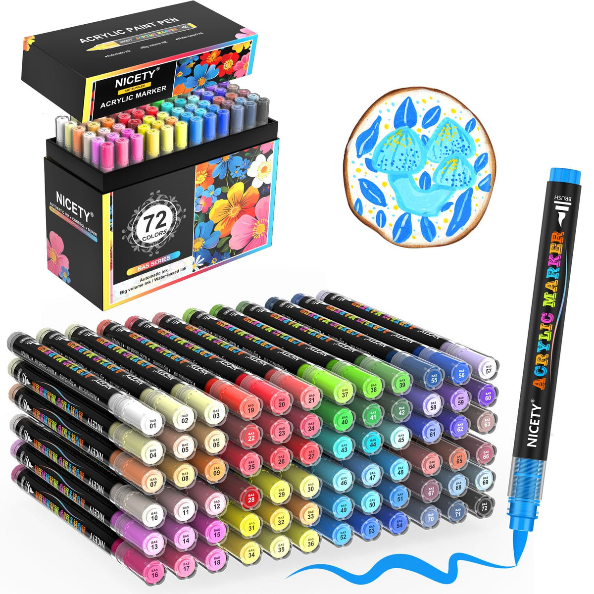 NICETY 72 Colours Acrylic Paint Pens - Brush Paint Markers for Rock Painting Stone Wood - Brush Tip Water Based Acrylic Markers