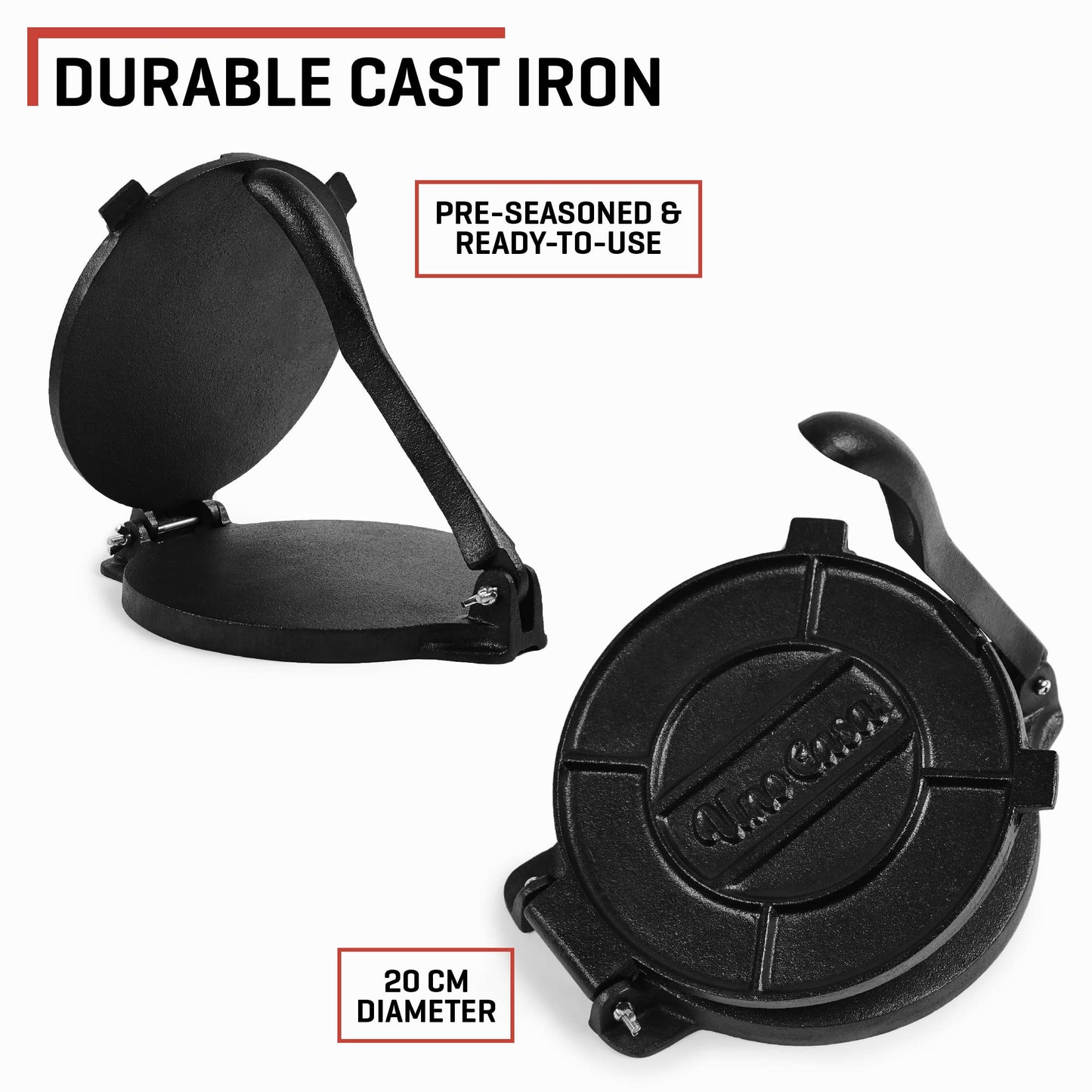 Uno Casa Tortilla Press Cast Iron - 8 Inch, Pre-Seasoned Tortilla Maker with 100 Pcs Parchment Paper - Roti Maker Chapati Machine, Taco Press Cast