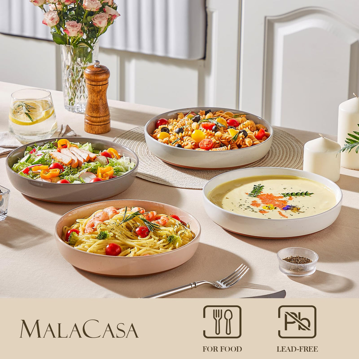 MALACASA Pasta Bowls Set of 4, Large Pasta Bowls, Ceramic Soup Bowls, 48 OZ, 9 inch, Microwave and Dishwasher Safe, Multi-Coloured, Serie Tara