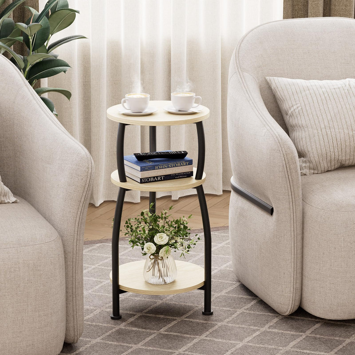 Yuede Round Side Table, 3 Tier Slim Round Coffee Table, Small End Table with Storage Shelf, Bedside Table, for Living Room, Bedroom, Small Space
