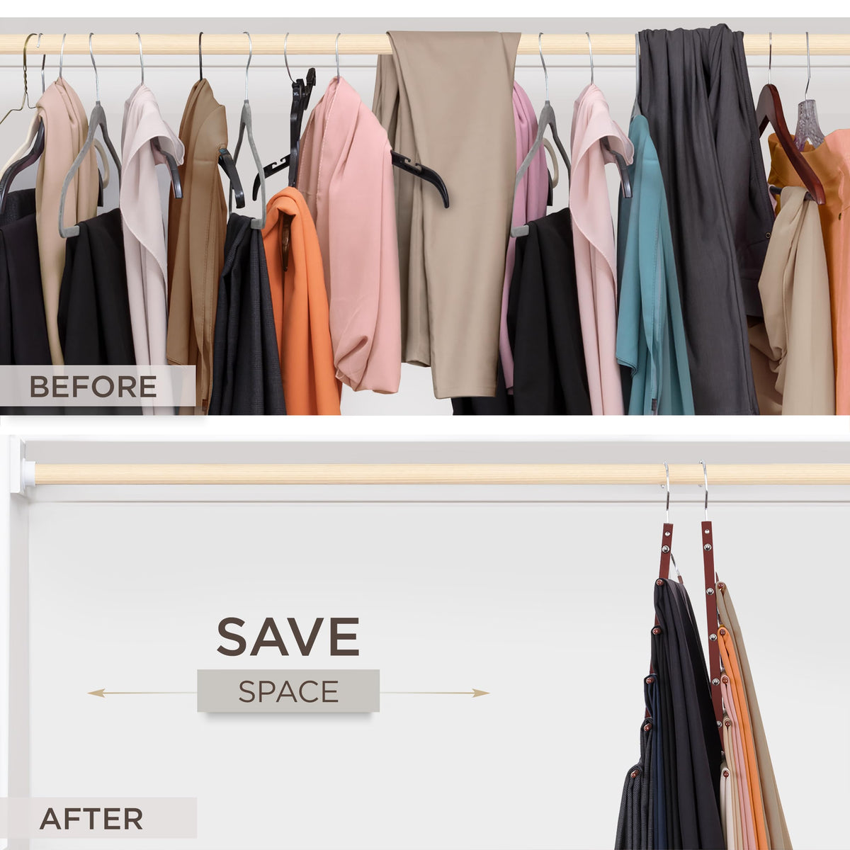 MORALVE Trousers Hangers Space Saving - 2 Pack European Beechwood Scarf and Jeans Hangers - Wardrobe Organiser and Space Saver Trouser Rack
