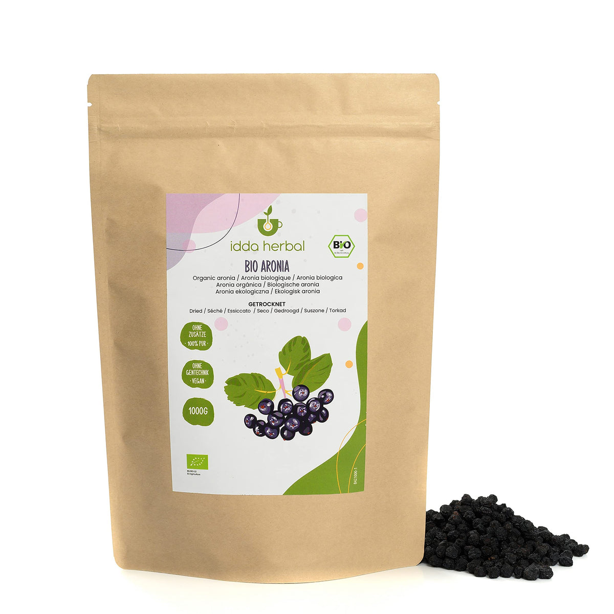 IDDA Herbal Organic Aronia Berries 1kg 2.2 lb, Unsweetened Dried Aronia Berries, Fruit Snack