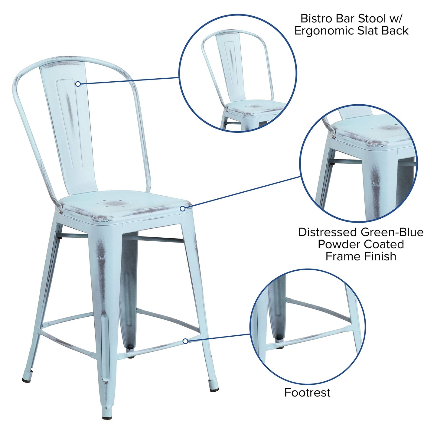 Flash Furniture Blake Commercial Grade 4 Pack 24" High Distressed Green-Blue Metal Indoor-Outdoor Counter Height Stool with Back