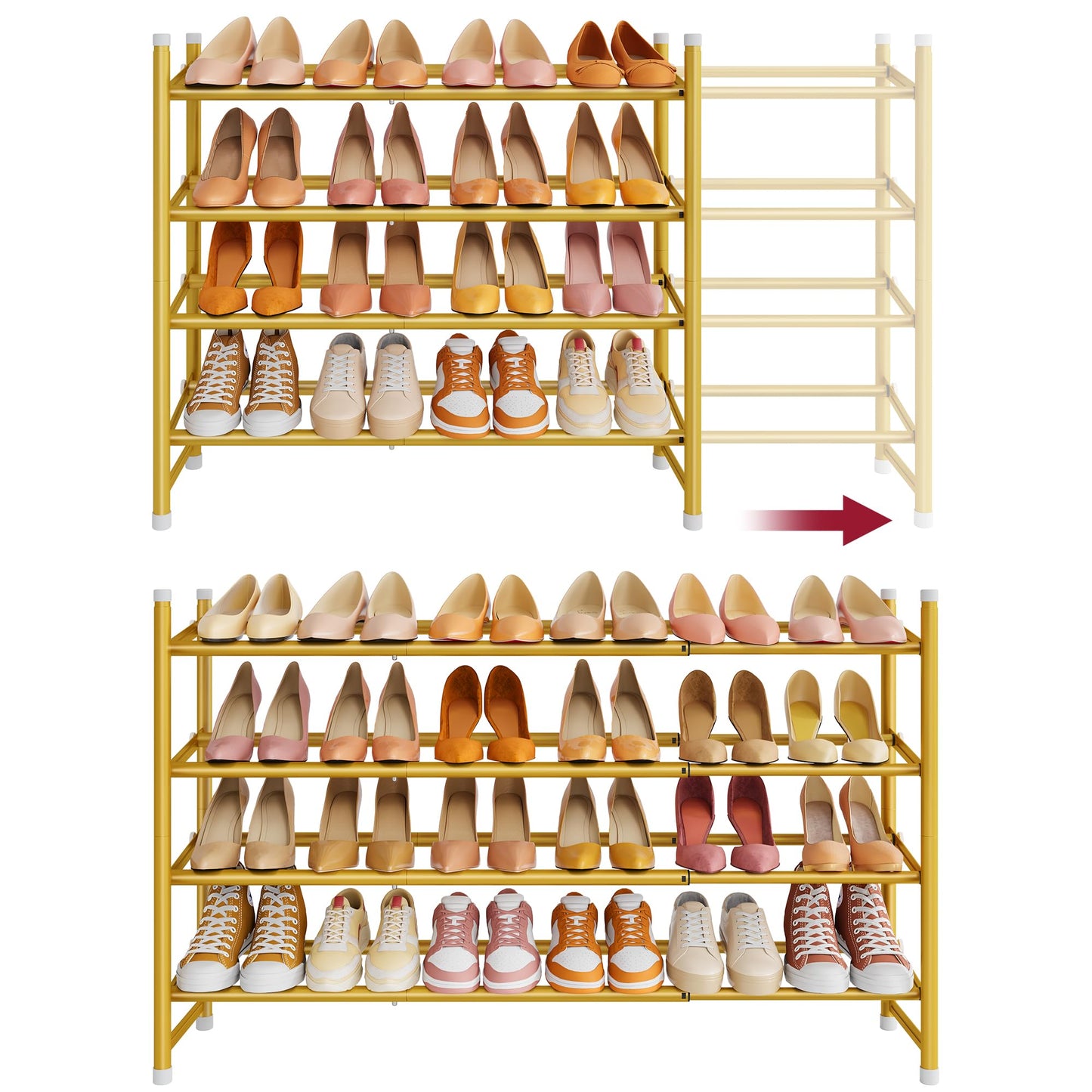 Tajsoon Expandable Shoe Rack for Closet 4 Tier, 28“-41“Stackable, Gold