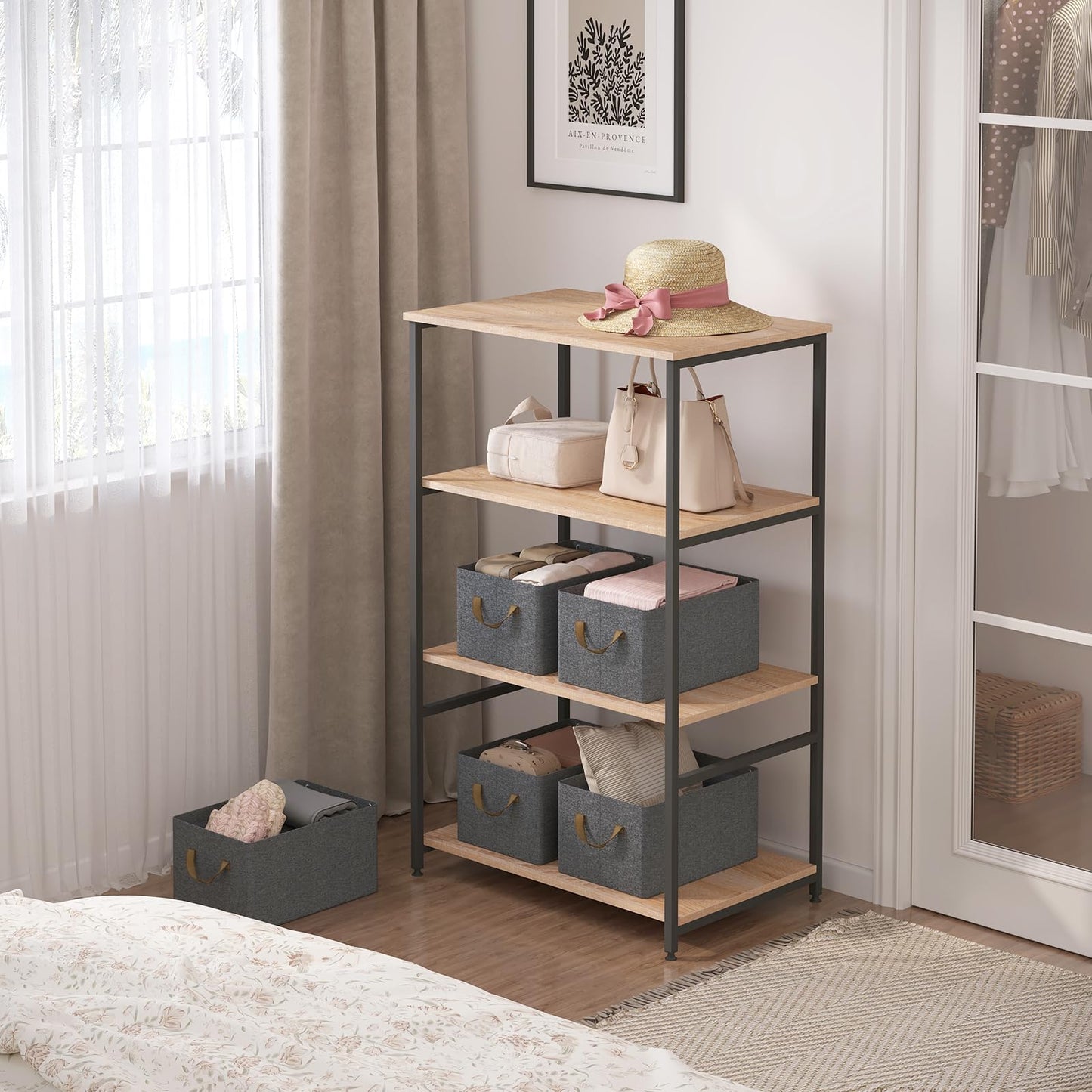 WOLTU ABB08gbn-5-UK Foldable Storage Boxes Set of 5, Fabric Storage Cubes with Handles, Stacking Boxes for Clothes and Toys, Grey, 37.5 x 20 x 26 cm