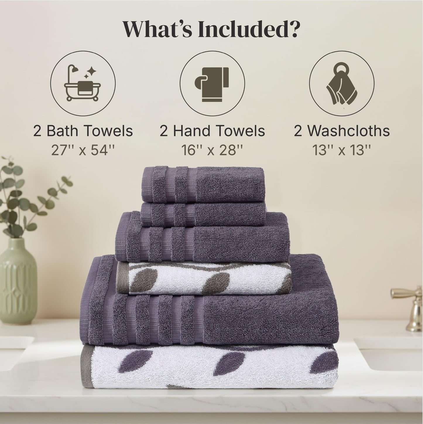 Amrapur 6 pc Yarn Dyed towel Organic Vines Grey Lavender, Cotton, Single