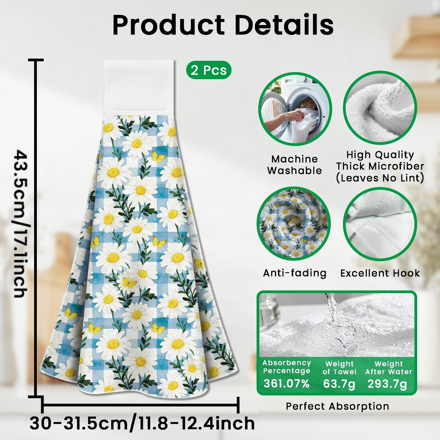 CUTHOLLOW 2 Pcs Daisies Hanging Kitchen Towels with Loop
