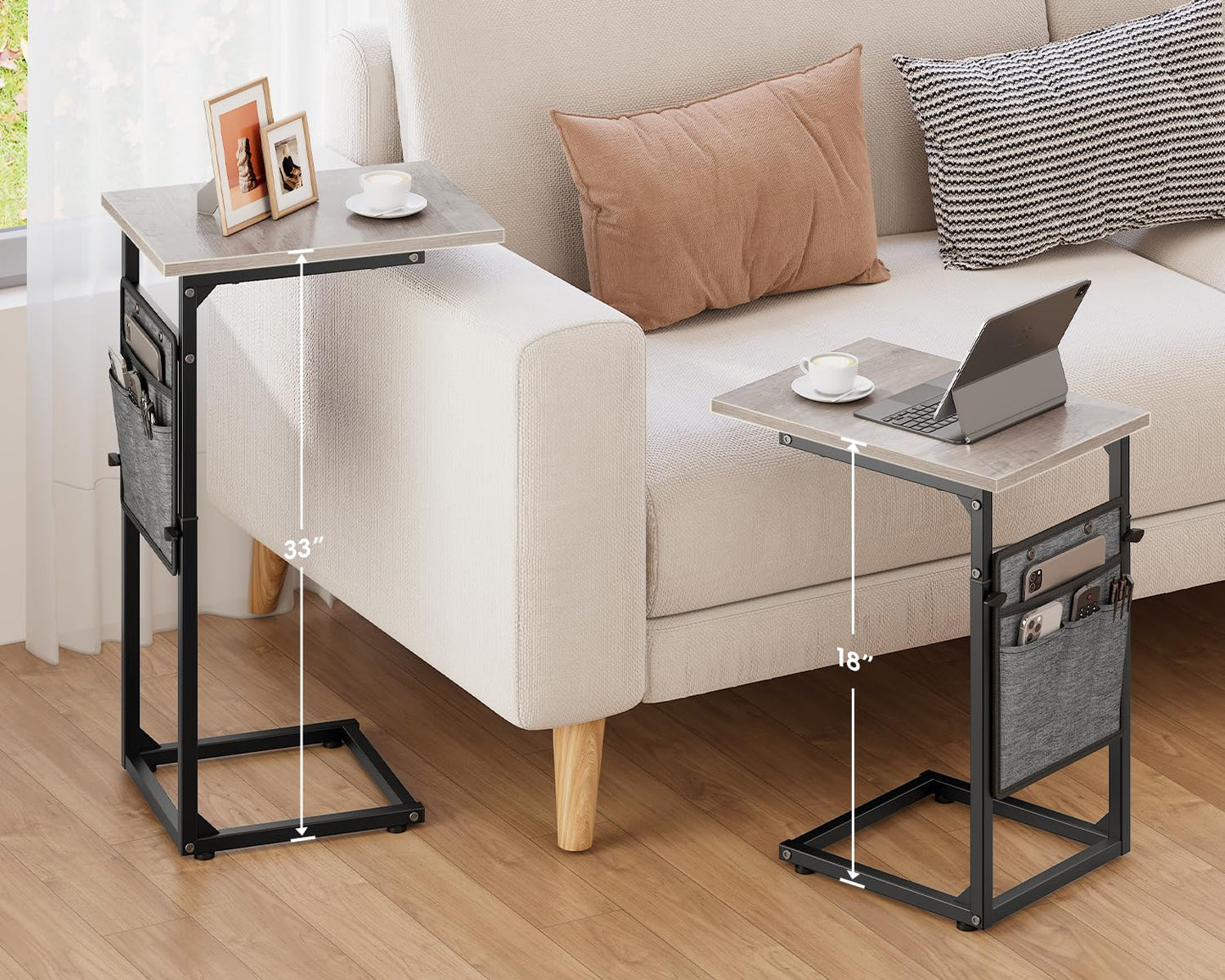 Vagusicc C-Shaped Side Table, Height Adjustable Sofa Side Table, Bedside Table with Cloth Storage Bag, C Tables End Table for Small Spaces