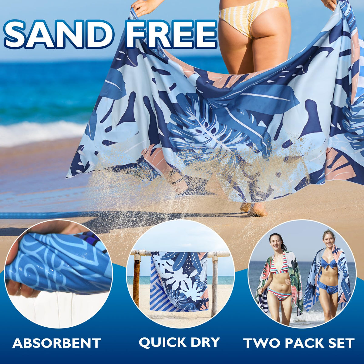Beach Towels For Adults Extra Large - 2 Pack 200x90cm Lightweight microfibre beach towel with Mesh Bags