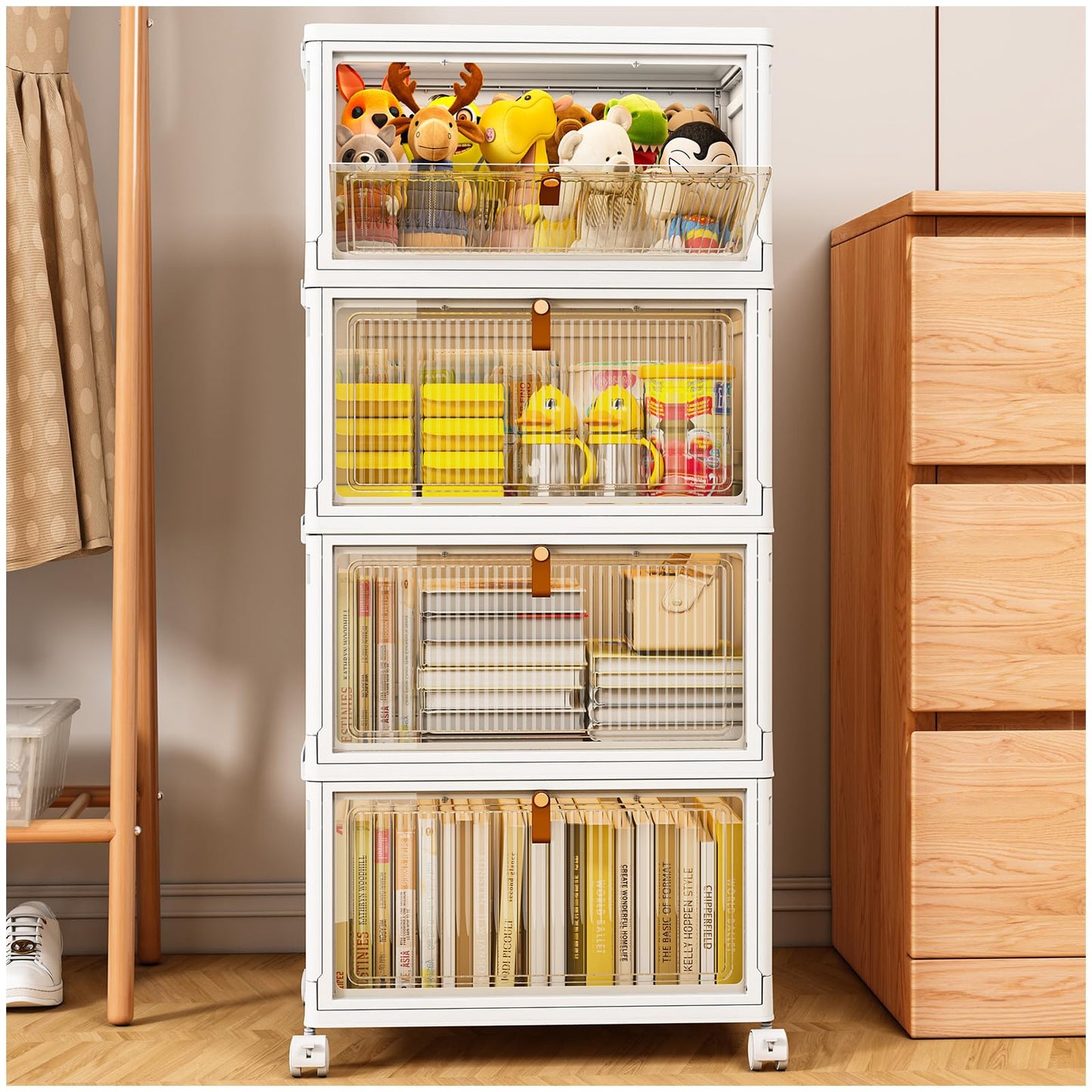 TidyTrove Storage Boxes with Lids, Plastic Storage Boxes with 1 Lid 28L/Tier, 4-Tier Stackable Storage Boxes with Wheels, Folding Storage Bins,