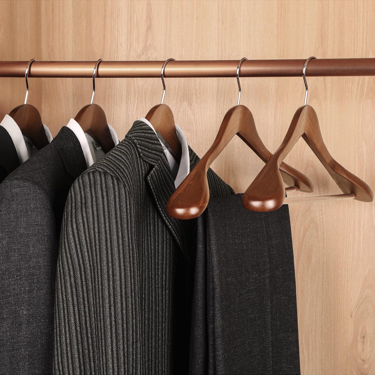 TOPIA HANGER Wide Shoulder Wooden Hangers, Suit Hangers with Non Slip Pants Bar & 360° Swivel Hook, Solid Wood Heavy Duty Coat Hanger, 6 Pack