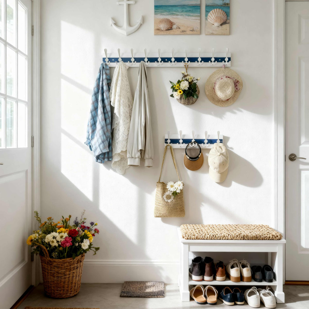 SKOLOO Coastal Coat Rack Wall Mount-97cm Beach House Entryway Wooden Coat Hook with 10 Hooks for Hanging Coats, Hats or Towels