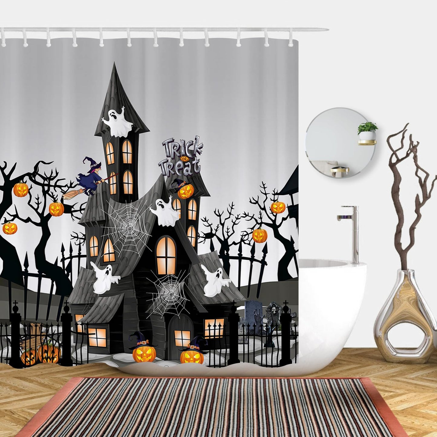 Abaysto Halloween Shower Curtain for Bathroom, Thriller House Spider Web Pumpkin Bath Room Curtain
