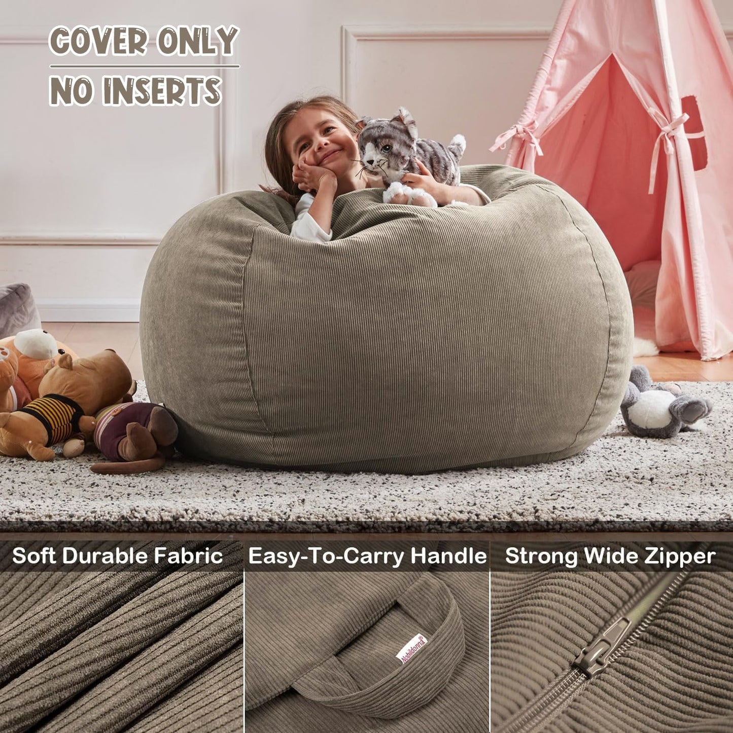 Nobildonna 3 ft Bean Bag Chair Cover (No Filler) for Adults and Kids 300L Extra Large Stuffed Animal Storage Bean Bag Washable Soft Premium Corduroy