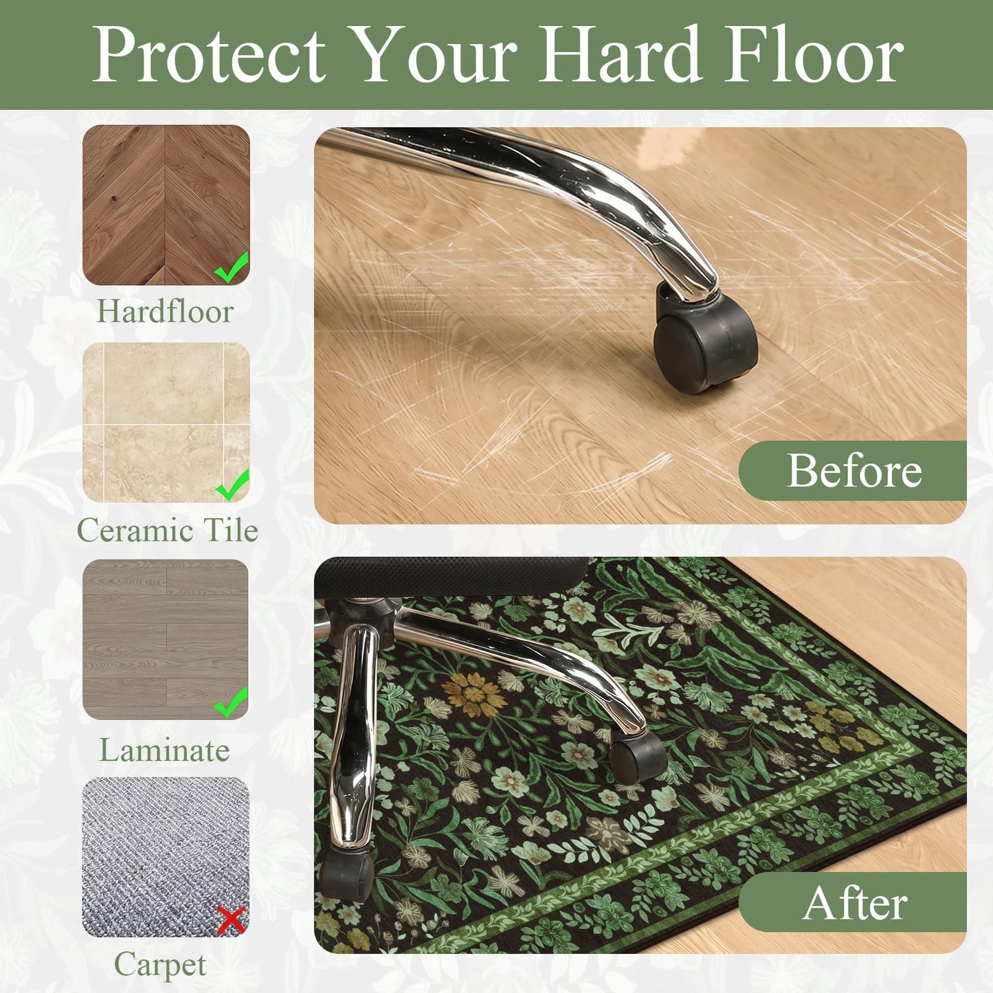Edlbaegy Office Chair Mat for Hardwood Floor 90x120cm Green Non Slip Floor Protector for Office Chair Low Pile Chair Mats for Rolling Chair