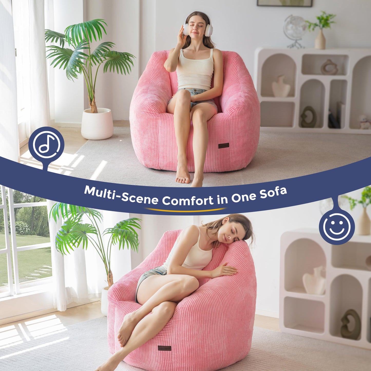 MAXYOYO Bean Bag Chair for Adults or Children, Soft Floor Single with Filling, Comfy Bean Bag Sofa with Back Support, Accent Chair
