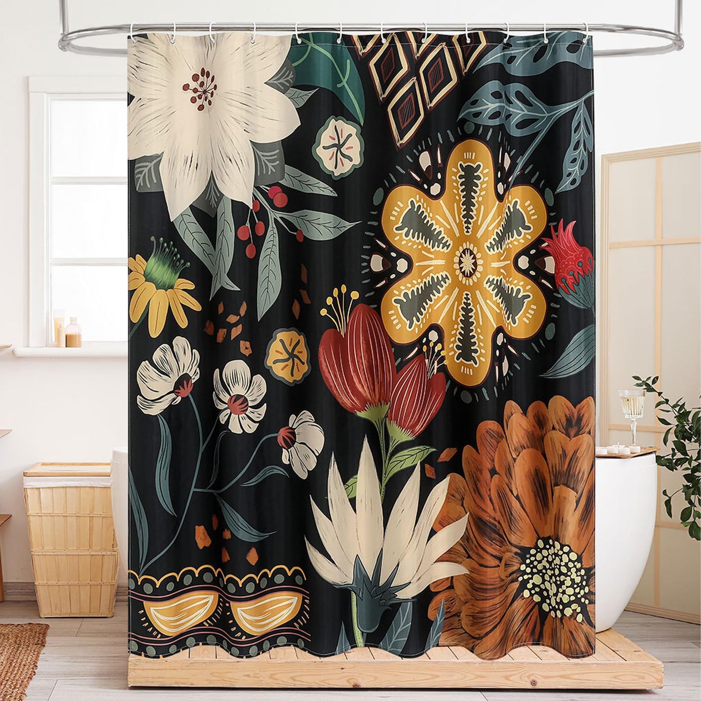 MAIGO Shower Curtain 180X180CM - Boho Geometric Waterproof Polyester Pattern With Hooks (FLOWER)