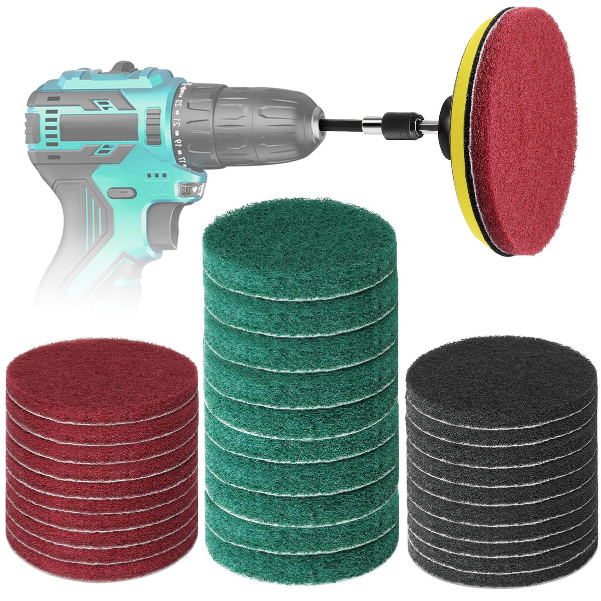 GOH DODD Power Scrub Pads Drill Attachment, 30 Pieces 5 Inch Cleaning Kit Scouring Pads with Baker and Universal Shaft Great for Kitchen, Bathroom,