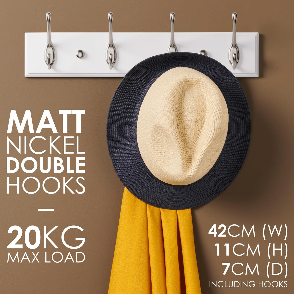 LARHN White Wall-Mounted Coat Rack - 4 Matt-Nickel Coat Hooks, 42cm