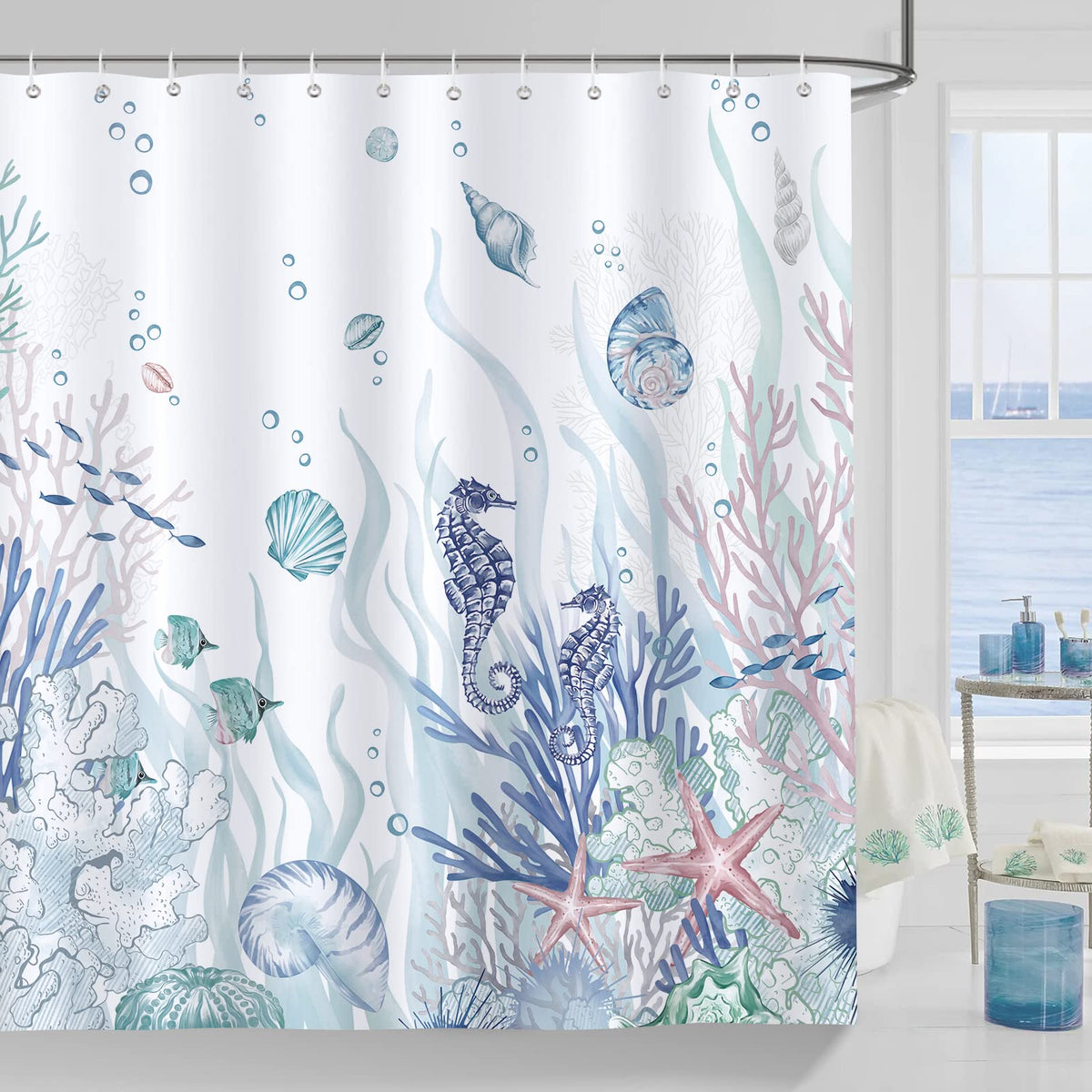 Bonhause Nautical Coastal Shower Curtain Coral Seahorse Beach Ocean Blue Bathroom Curtain 180 x 180 cm Waterproof Mildew & Mould Resistant Polyester