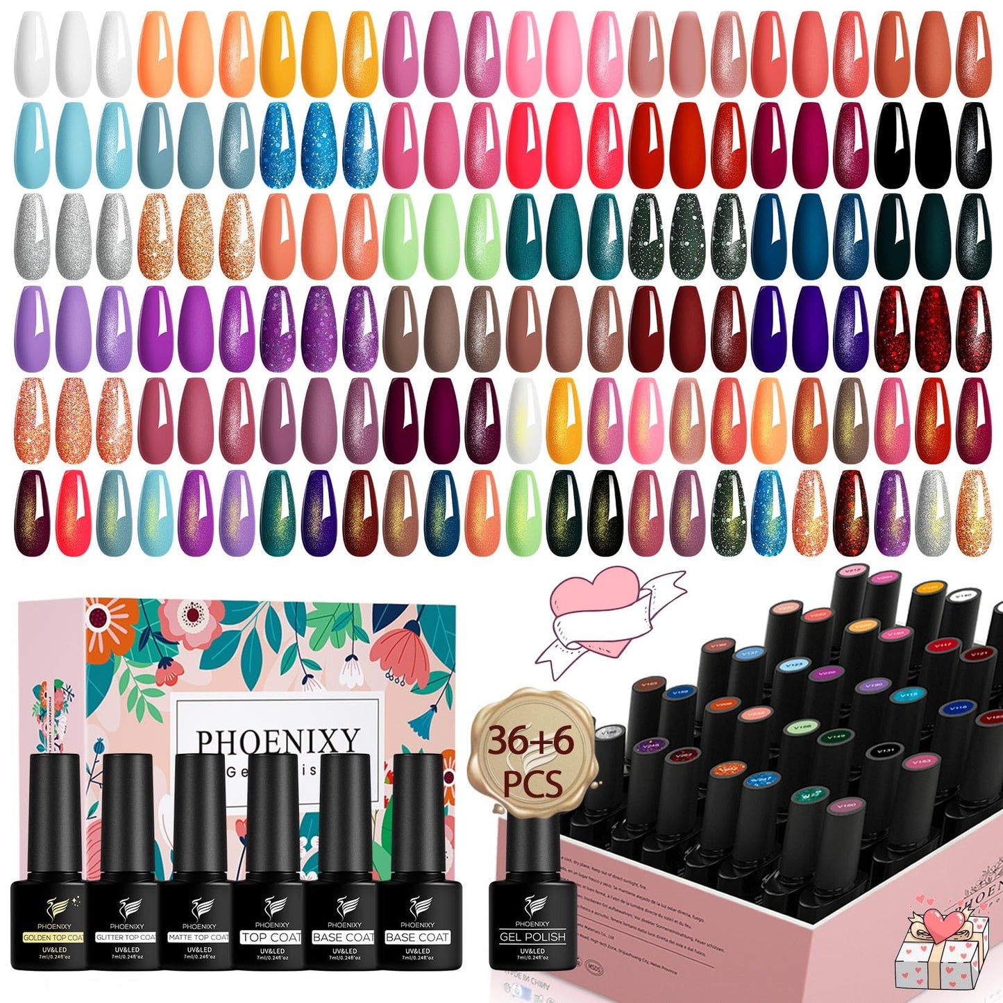 Phoenixy 42 Pcs Gel Nail Polish Set, 36 Colours Red Violet Gel Nail Polish with Glossy Matte Glitter Golden Base Top Coat, UV LED Soak Off Nail