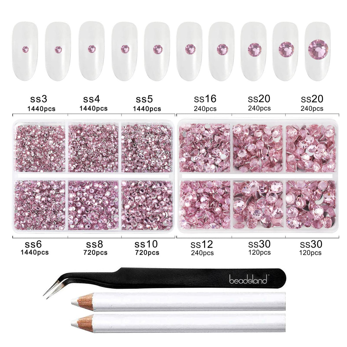 Beadsland 8300PCS Flatback Rhinestones, Pink Rhinestone Nail Gems Round Crystal Rhinestones for Crafts, Mixed 10 Sizes with Wax Pencil and Tweezer