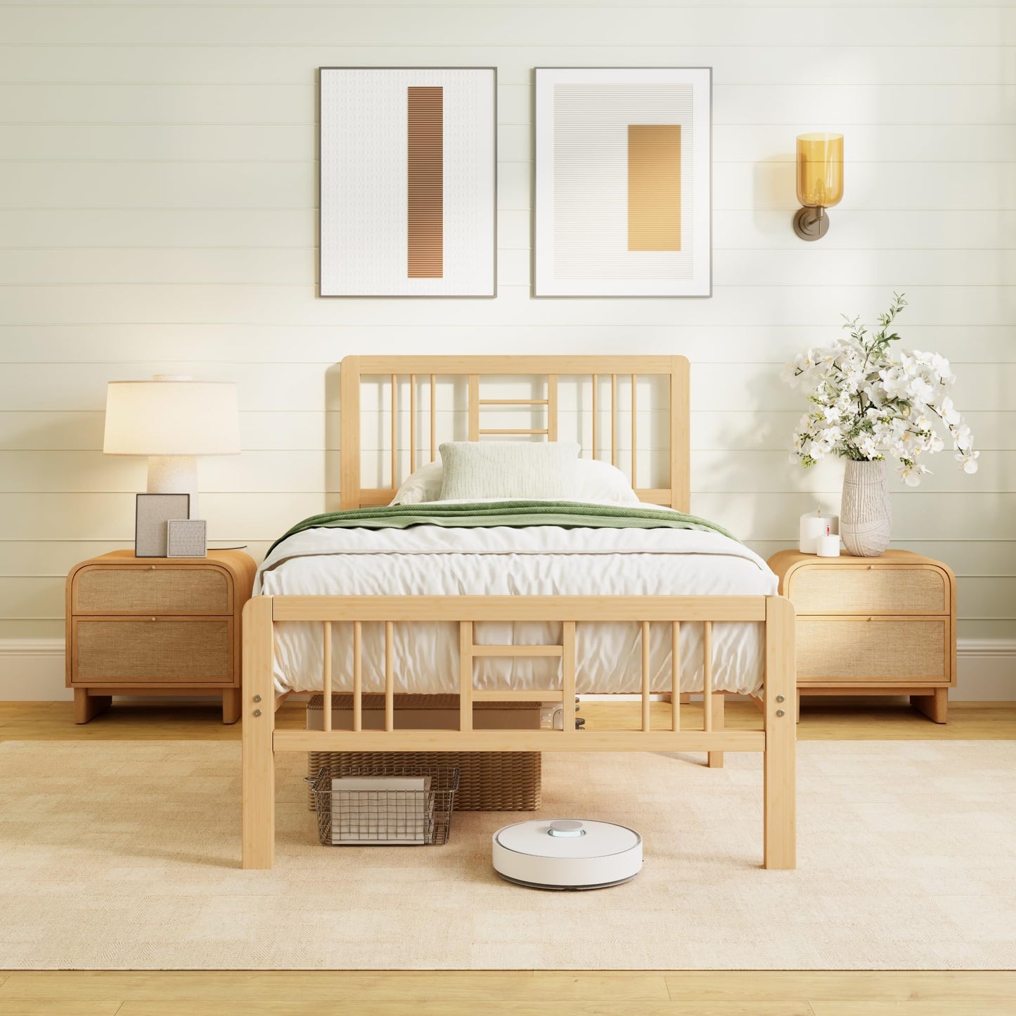 Hunlostten Wooden Bed Frame Single with Headboard - Bamboo Wood Bed Frames with Metal Slats Support and Underbed Storage, Easy to Install, Noise Free