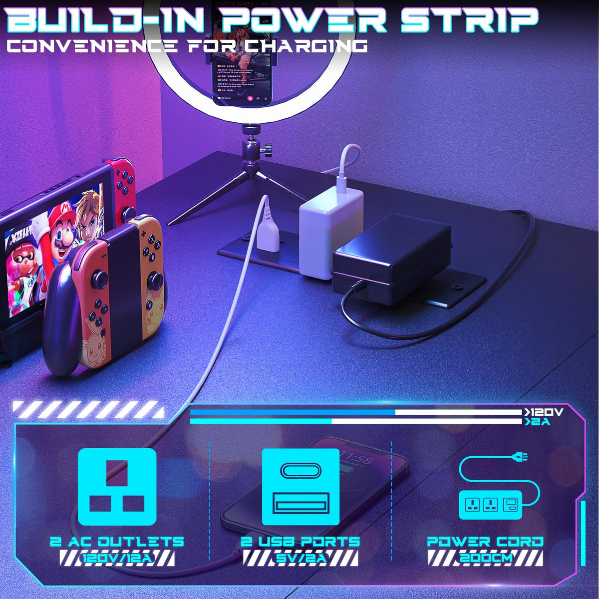 iSunirm Gaming Desk with LED Lights & Power Outlet, Reversible Computer Desk with Moveable Monitor Stand
