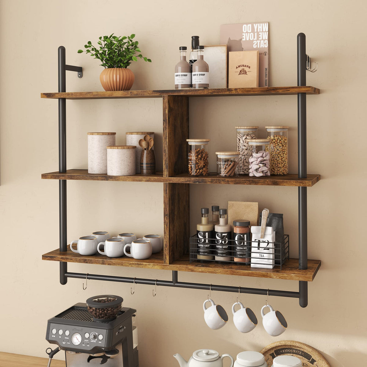 Bestier 3 Tier Floating Pipe Shelving 115CM Industrial Wall Mounted Ladder Shelf Hanging with Circular Tube with Hooks Wood Display Storage Home Decor