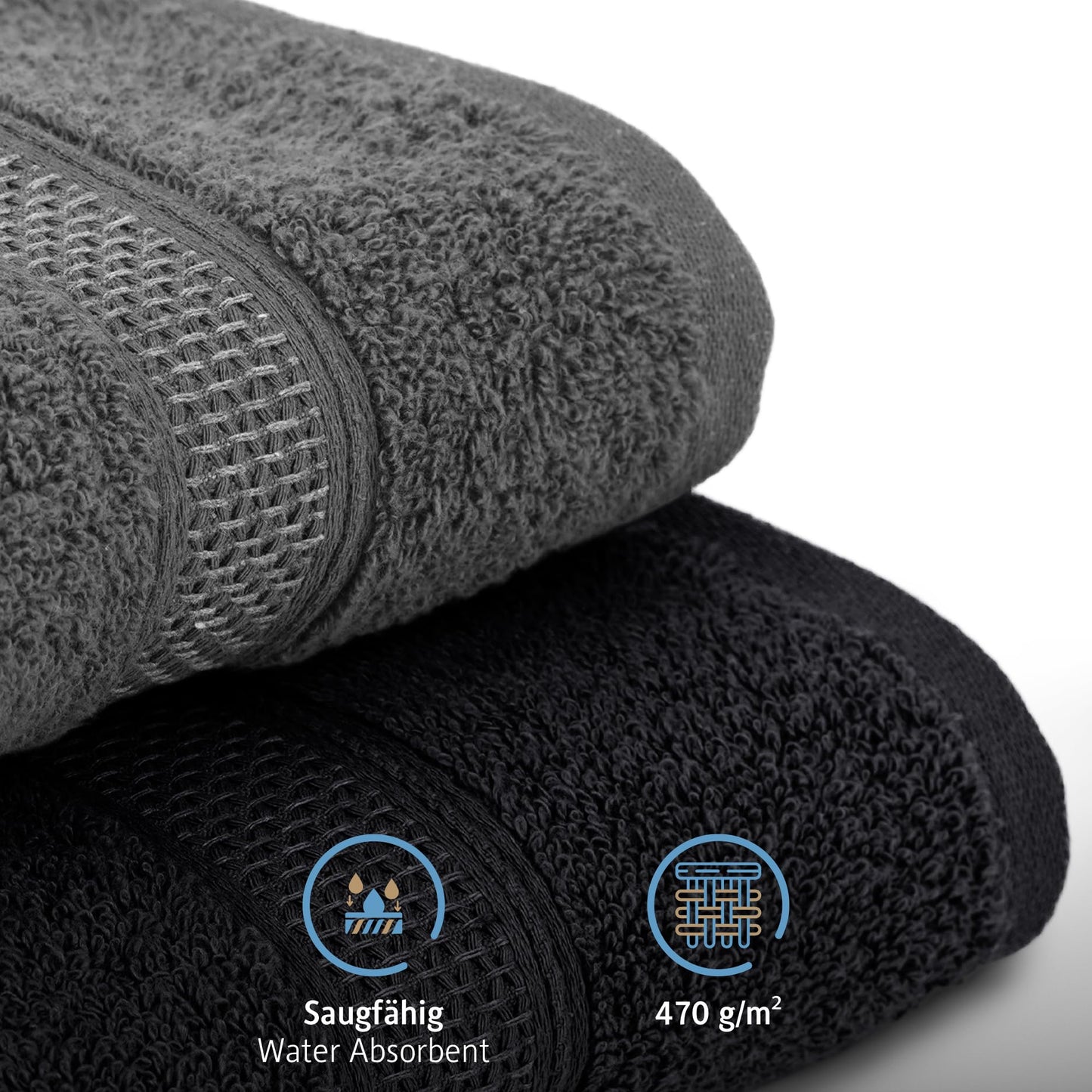 Komfortec Set of 8 Hand Towels 50 x 100 cm 100% Cotton 470 g/m² Terry Cloth Soft Anthracite Grey/Black