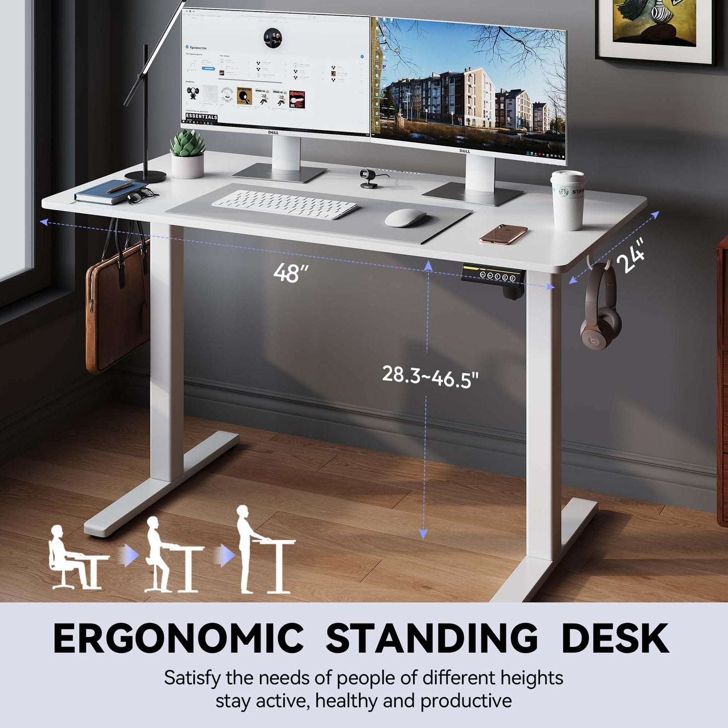 Gamork 48 x 24 Inch Electric Standing Desk, 3 Memory Presets, White