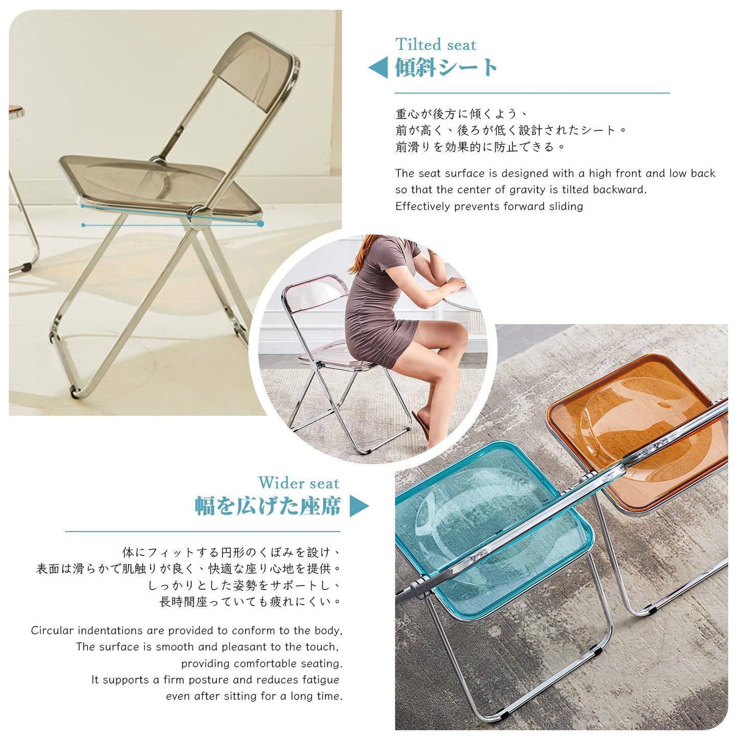 KAIHAOWIN Luxury Modern Transparent Folding Chair Acrylic Folding Chairs-Acrylic Ghost Stackable Crystal Seat-PC Plastic Living Room Seat-Chrome
