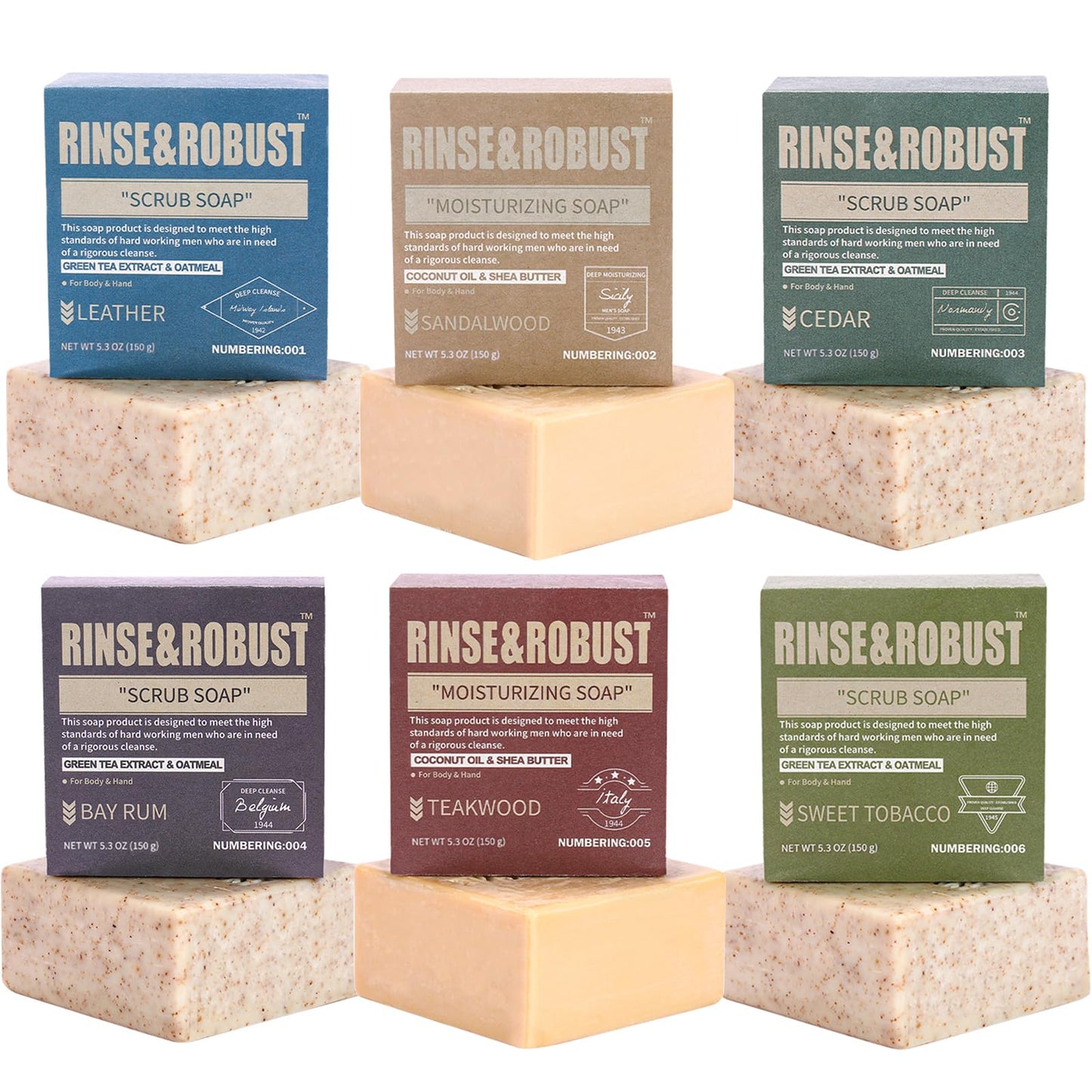 Mens Bar Soap 6Pcs Cleansing All Natural Handmade Mens Set Scrub Soap Gift for Men Body&Hand All Skin Type|6 Different Scents Valentines Gifts for Him