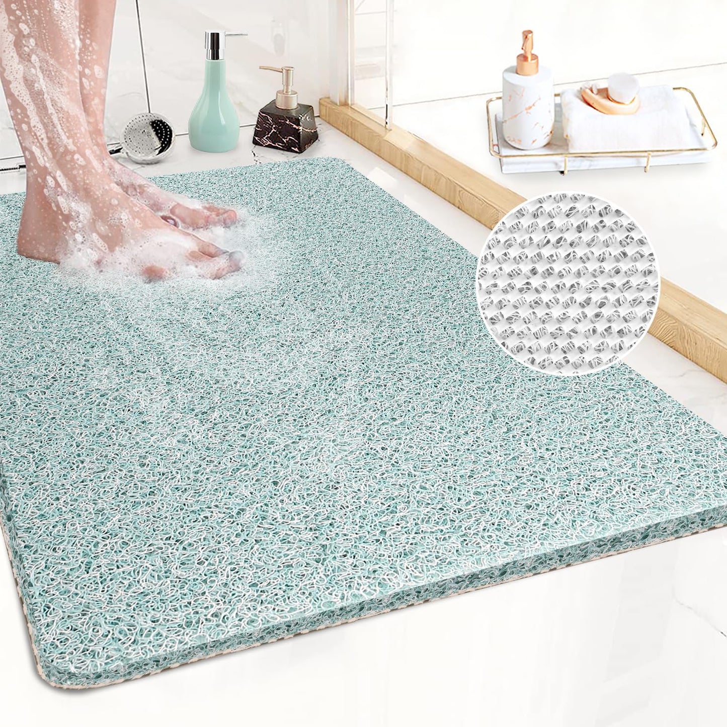 Corner Shower Mat Non Slip,Anti Mould Bath Mat,Loofah Sector Bathroom Mats,21 Inch Quadrant Shower Mats with Drain,PVC Bathtub Rug for Tub & Wet