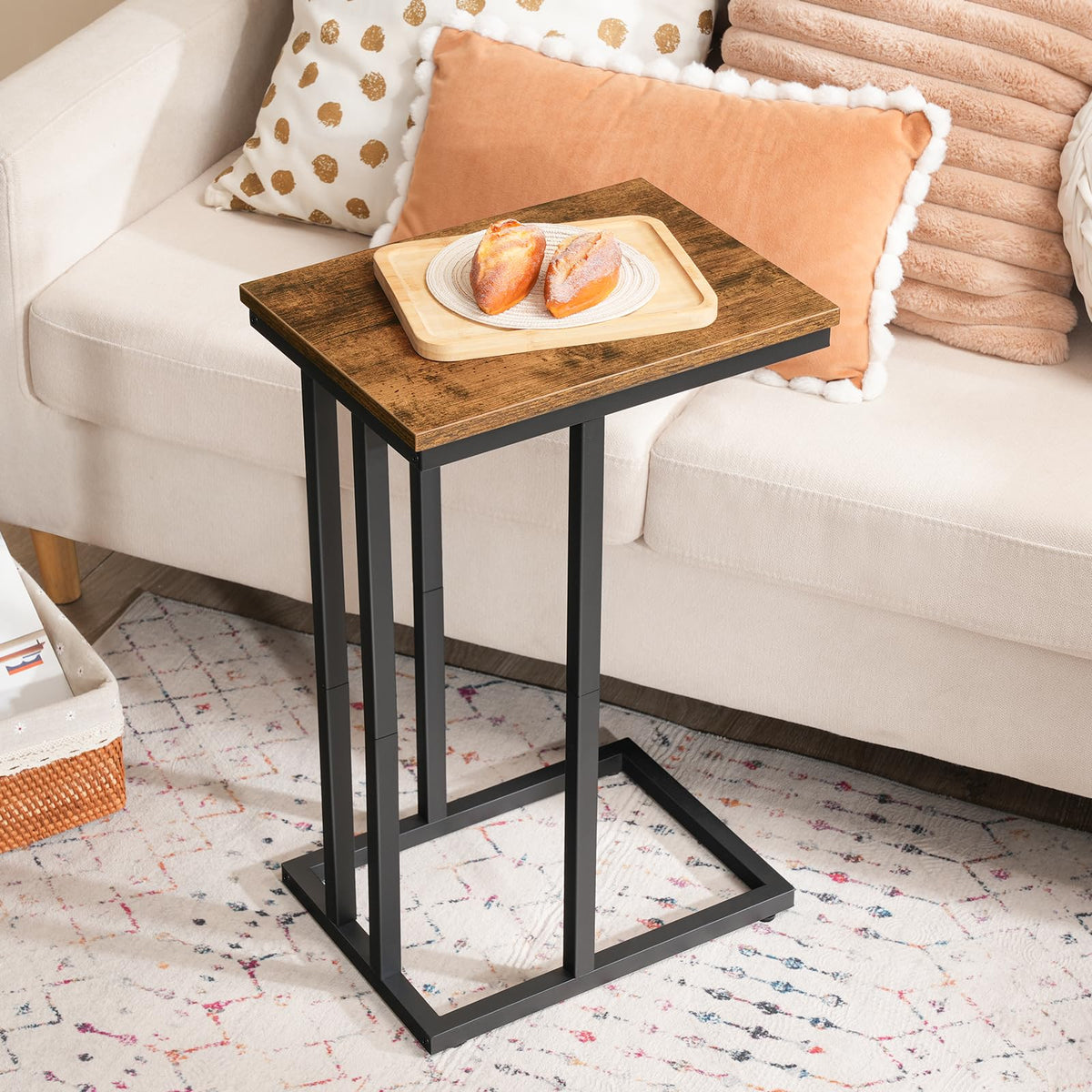 HOOBRO C-Shaped Side Table, Narrow Sofa Side Table, Coffee Snack Table with Metal Frame, Laptop Table, Slim Bedside Table for Bedroom, Living Room