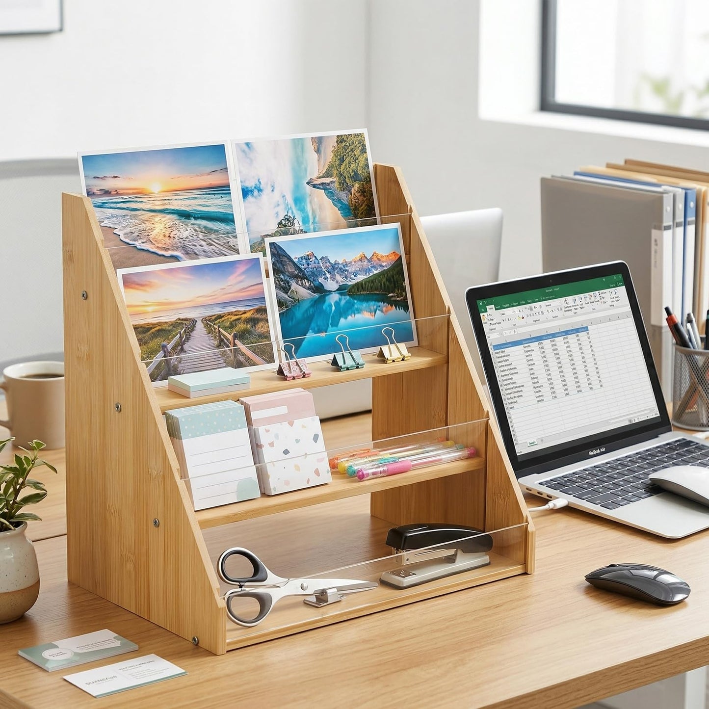 4 Tier Greeting Card Display Stand - Bamboo Acrylic Organiser Rack, Multi-Purpose Holder,Clear Acrylic Display Rack, Desktop Organiser for Postcards