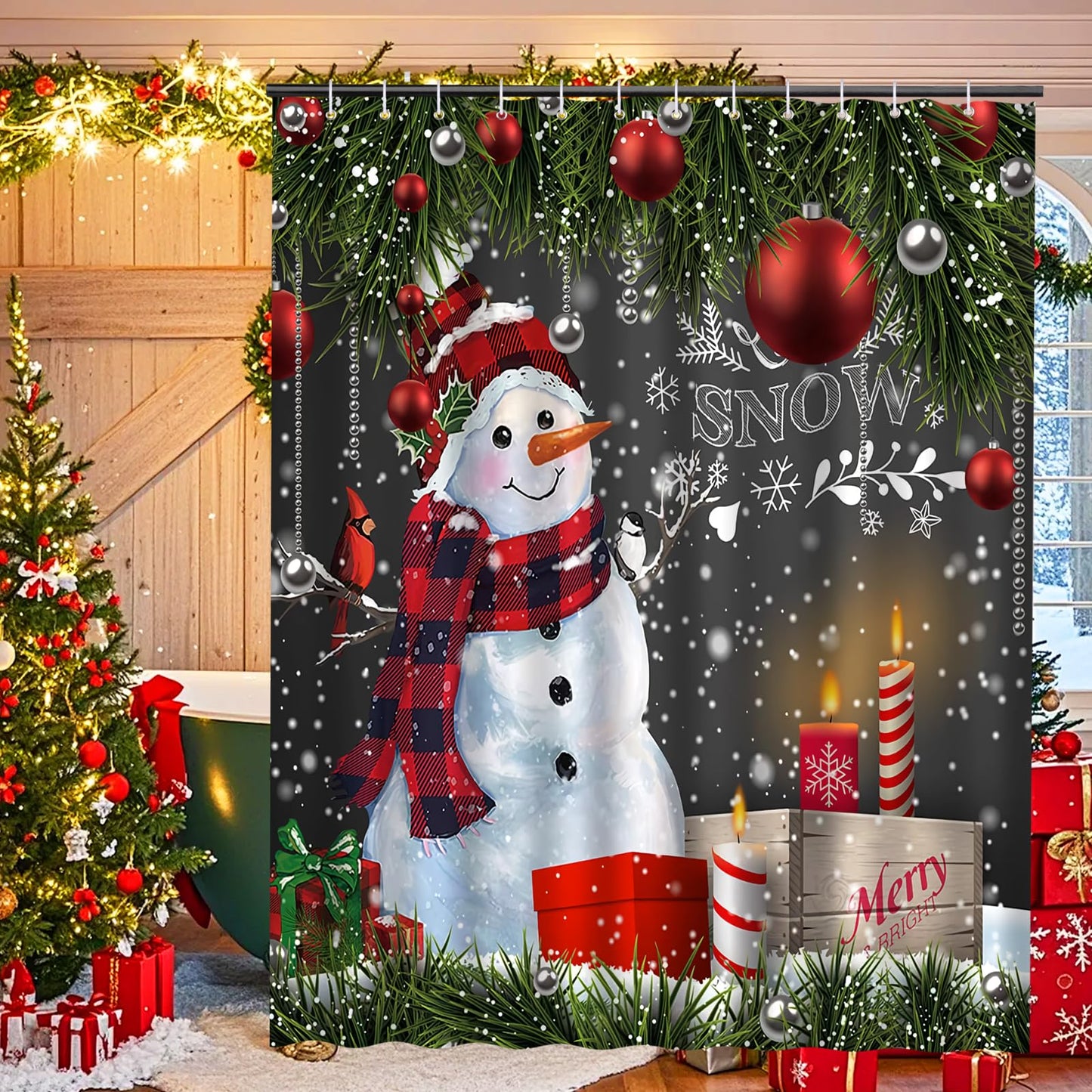 Minicoco Christmas Shower Curtain Mildew and Mould Resistant Bathroom Curtains Waterproof Shower Curtain Christmas Decorations 100% Polyester Window